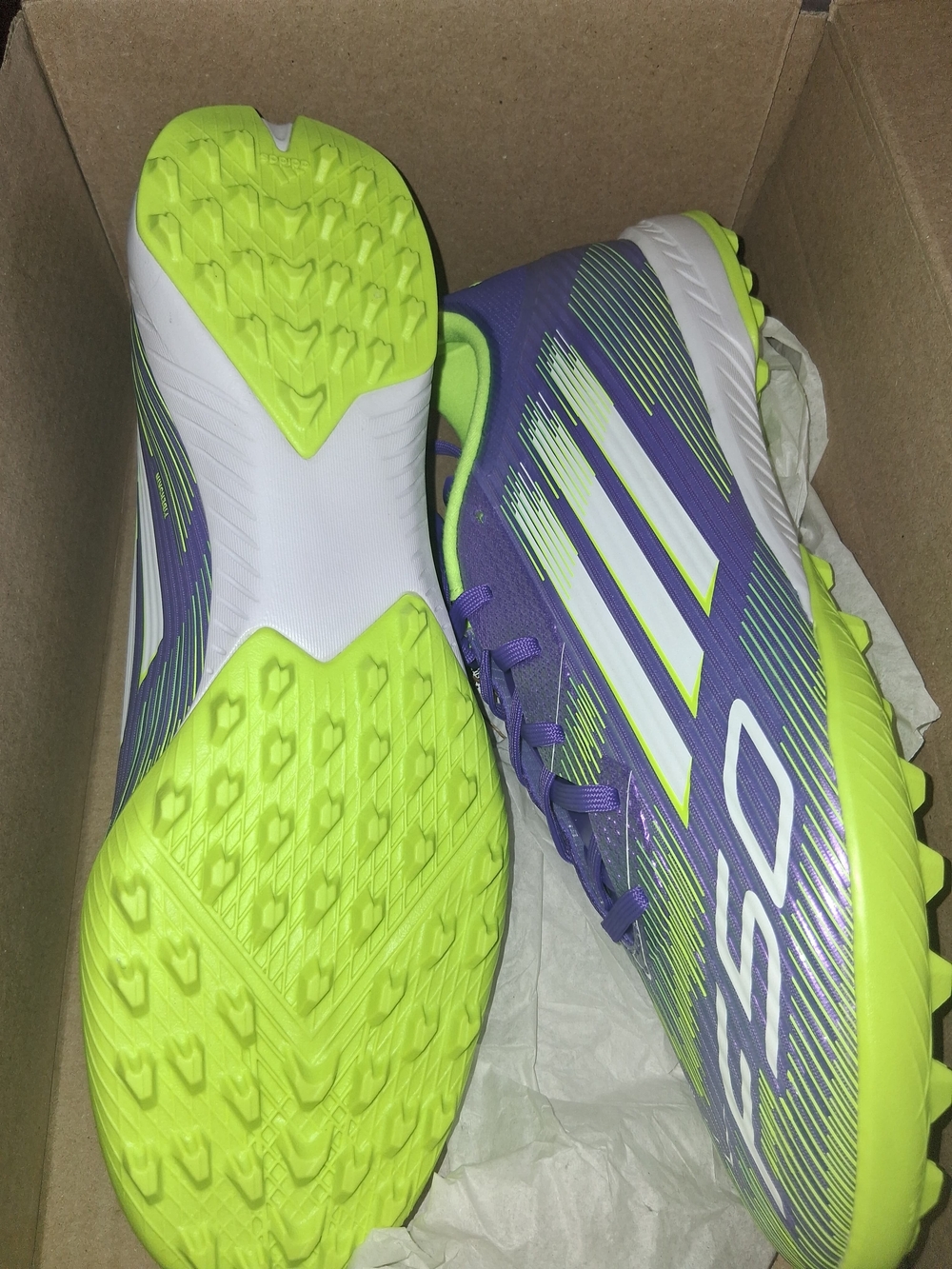 adidas F50 League TF Women's Purple & Neon Green Soccer Cleats - Picture 5 of 5